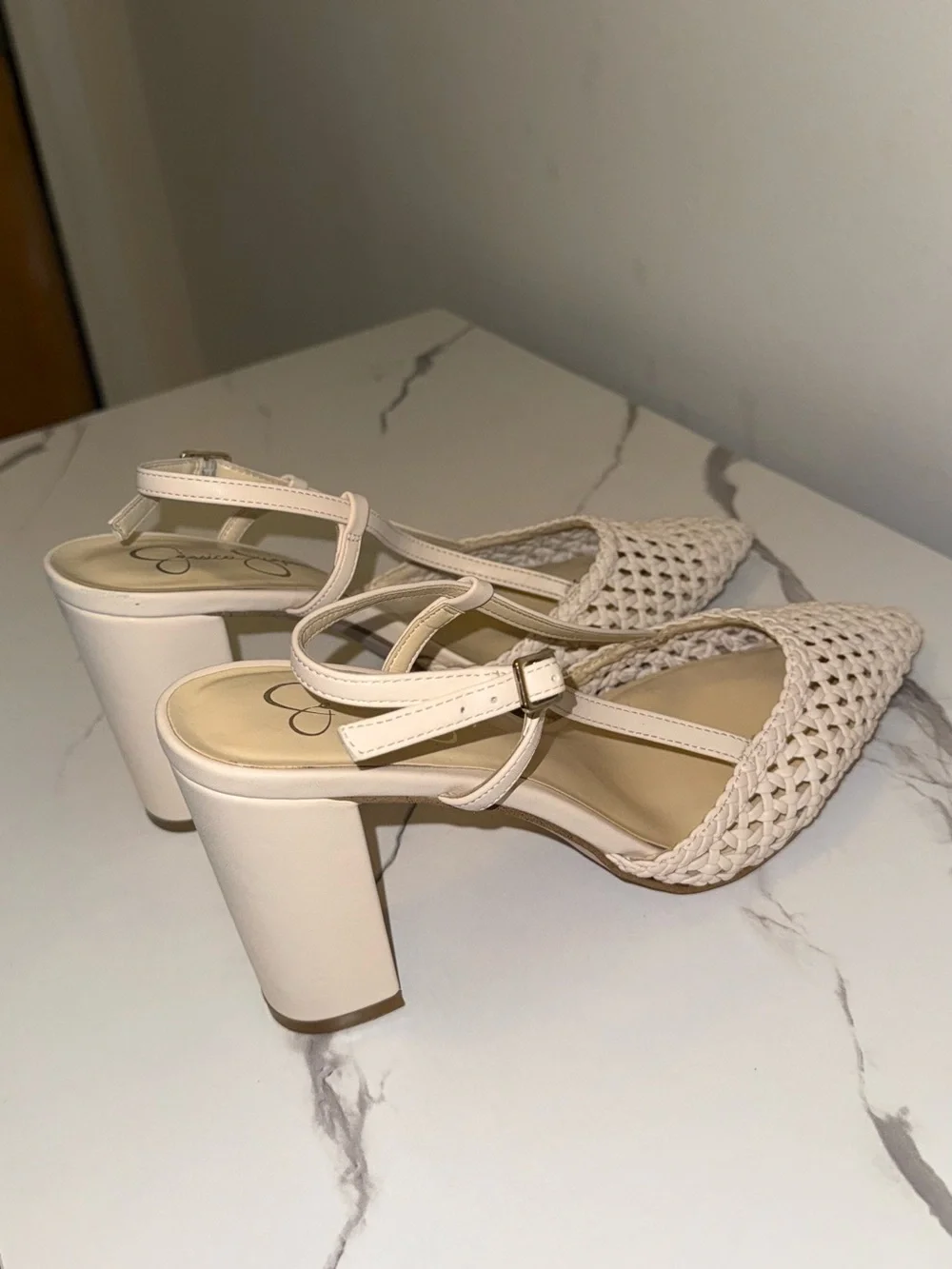 Jessica Simpson Cream Woven Slingback Block Heels